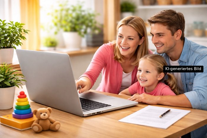 Familie meldet ihr Kind online für einen Kita-Platz an