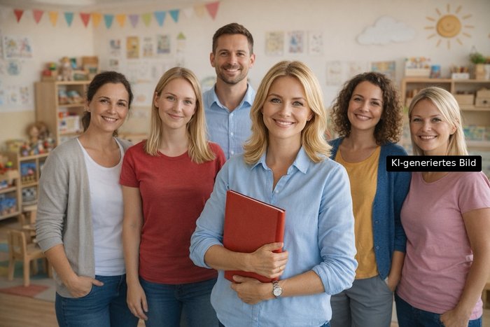 Pädagogisches Team einer Kindertagesstätte steht gemeinsam im Gruppenraum